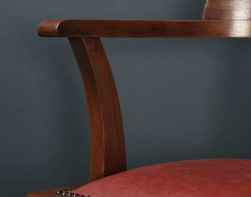 fig 6. Antique English Edwardian Solid Mahogany & Red Leather Revolving Office Desk Arm Chair (Circa 1910 - 1920)
