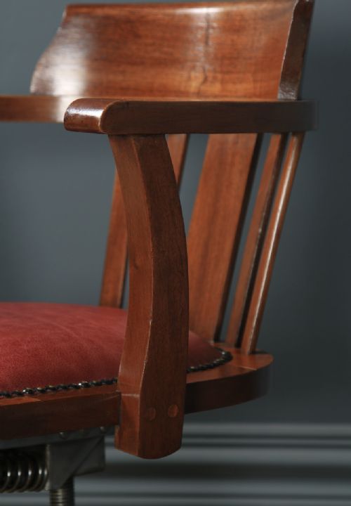 fig 7. Antique English Edwardian Solid Mahogany & Red Leather Revolving Office Desk Arm Chair (Circa 1910 - 1920)