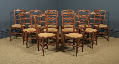 Antique French Set of 12 Twelve Louis XV Style Oak Ladder Back Kitchen Dining Chairs (Circa 1920)