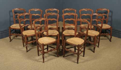 fig 1. Antique French Set of 12 Twelve Louis XV Style Oak Ladder Back Kitchen Dining Chairs (Circa 1920)