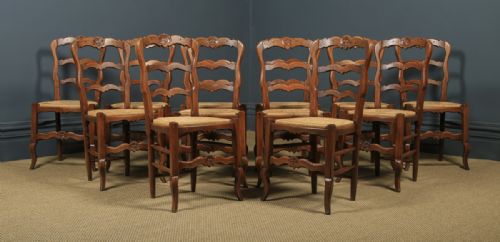 fig 2. Antique French Set of 12 Twelve Louis XV Style Oak Ladder Back Kitchen Dining Chairs (Circa 1920)