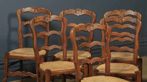 fig 3. Antique French Set of 12 Twelve Louis XV Style Oak Ladder Back Kitchen Dining Chairs (Circa 1920)