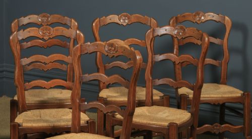fig 4. Antique French Set of 12 Twelve Louis XV Style Oak Ladder Back Kitchen Dining Chairs (Circa 1920)