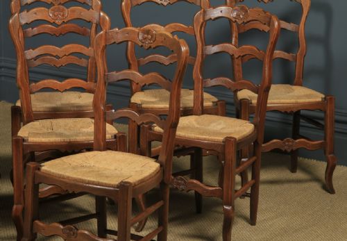 fig 6. Antique French Set of 12 Twelve Louis XV Style Oak Ladder Back Kitchen Dining Chairs (Circa 1920)
