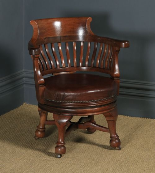 Antique English Victorian Mahogany & Brown Leather Revolving Office Desk Arm Chair (Circa 1880)