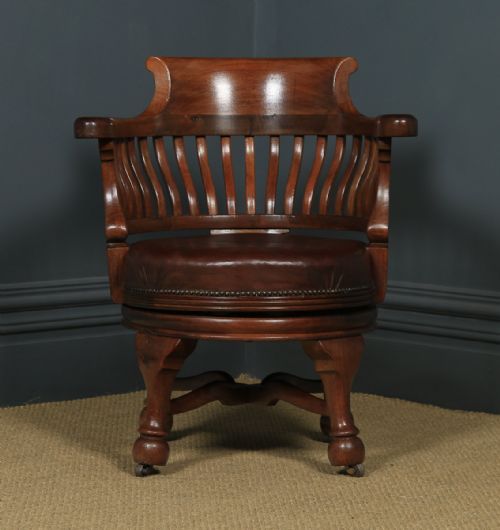 fig 1. Antique English Victorian Mahogany & Brown Leather Revolving Office Desk Arm Chair (Circa 1880)