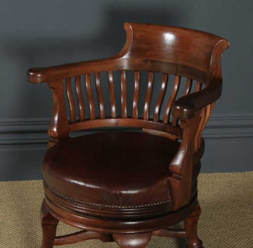 fig 2. Antique English Victorian Mahogany & Brown Leather Revolving Office Desk Arm Chair (Circa 1880)
