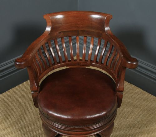 fig 3. Antique English Victorian Mahogany & Brown Leather Revolving Office Desk Arm Chair (Circa 1880)
