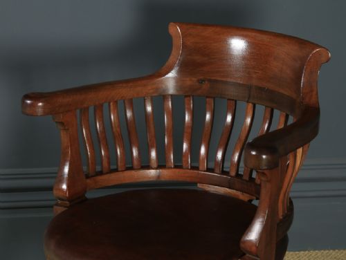 fig 4. Antique English Victorian Mahogany & Brown Leather Revolving Office Desk Arm Chair (Circa 1880)