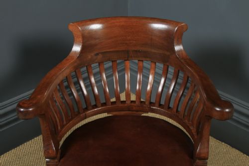fig 5. Antique English Victorian Mahogany & Brown Leather Revolving Office Desk Arm Chair (Circa 1880)