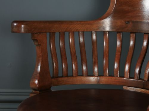 fig 6. Antique English Victorian Mahogany & Brown Leather Revolving Office Desk Arm Chair (Circa 1880)
