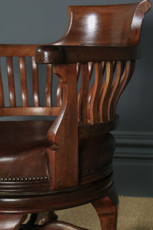 fig 7. Antique English Victorian Mahogany & Brown Leather Revolving Office Desk Arm Chair (Circa 1880)