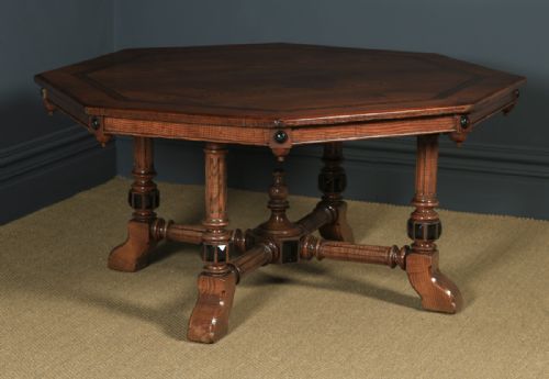 Antique English Victorian Aesthetic Ash Inlaid & Carved Octagonal Library / Dining Table (Circa 1880)