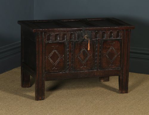 fig 1. Antique English Charles II Oak Carved Triple Panel Coffer Chest Blanket Box (Circa 1670)