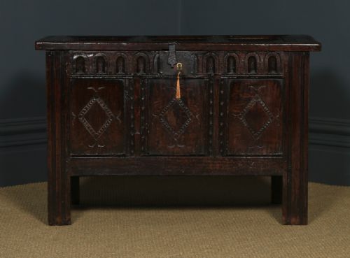fig 2. Antique English Charles II Oak Carved Triple Panel Coffer Chest Blanket Box (Circa 1670)