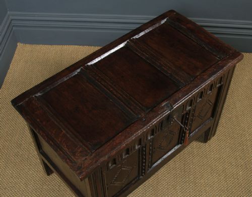 fig 3. Antique English Charles II Oak Carved Triple Panel Coffer Chest Blanket Box (Circa 1670)