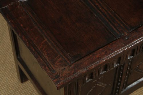 fig 4. Antique English Charles II Oak Carved Triple Panel Coffer Chest Blanket Box (Circa 1670)