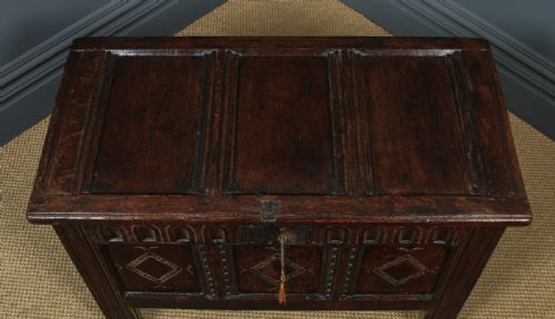 fig 5. Antique English Charles II Oak Carved Triple Panel Coffer Chest Blanket Box (Circa 1670)
