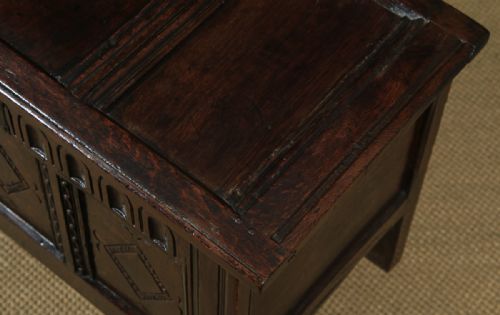 fig 6. Antique English Charles II Oak Carved Triple Panel Coffer Chest Blanket Box (Circa 1670)