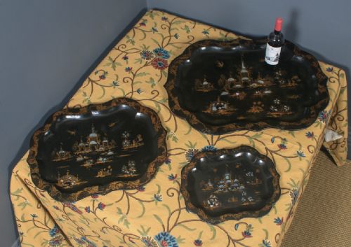 fig 1. Antique English Set of 3 Three Victorian Ebonised Chinoiserie Papier Mâché Butlers Drinks Trays (Circa 1840)