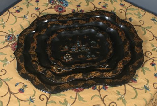 fig 2. Antique English Set of 3 Three Victorian Ebonised Chinoiserie Papier Mâché Butlers Drinks Trays (Circa 1840)