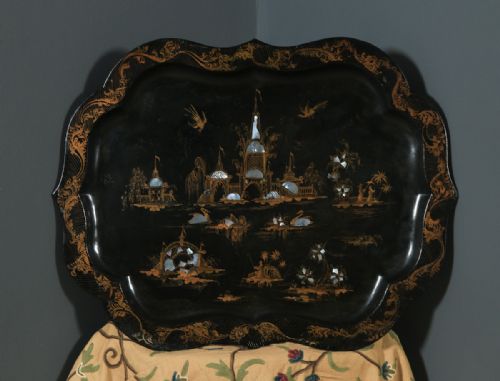 fig 4. Antique English Set of 3 Three Victorian Ebonised Chinoiserie Papier Mâché Butlers Drinks Trays (Circa 1840)