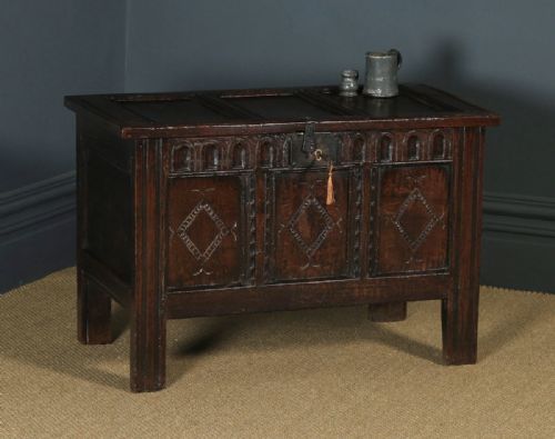 Antique English Charles II Oak Carved Triple Panel Coffer Chest Blanket Box (Circa 1670)