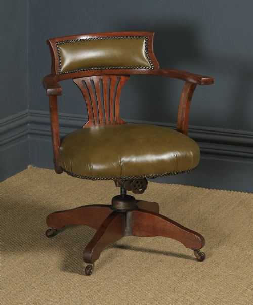 Antique English Edwardian Oak & Green Leather Revolving Office Desk Arm Chair (Circa 1920)