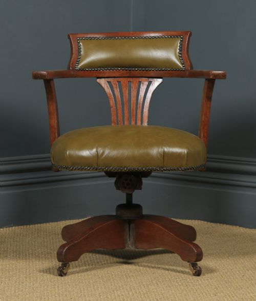 fig 1. Antique English Edwardian Oak & Green Leather Revolving Office Desk Arm Chair (Circa 1920)