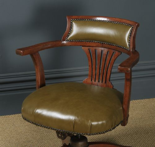fig 2. Antique English Edwardian Oak & Green Leather Revolving Office Desk Arm Chair (Circa 1920)
