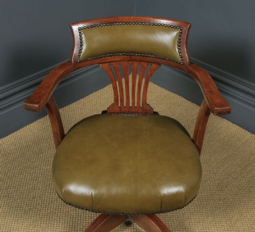 fig 3. Antique English Edwardian Oak & Green Leather Revolving Office Desk Arm Chair (Circa 1920)