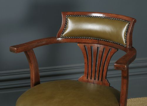 fig 4. Antique English Edwardian Oak & Green Leather Revolving Office Desk Arm Chair (Circa 1920)