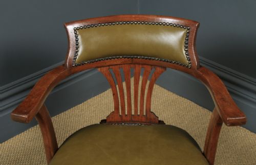 fig 5. Antique English Edwardian Oak & Green Leather Revolving Office Desk Arm Chair (Circa 1920)