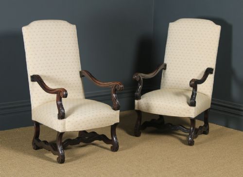 Antique French Pair of Solid Walnut Fauteuil Upholstered Armchairs (Circa 1880)