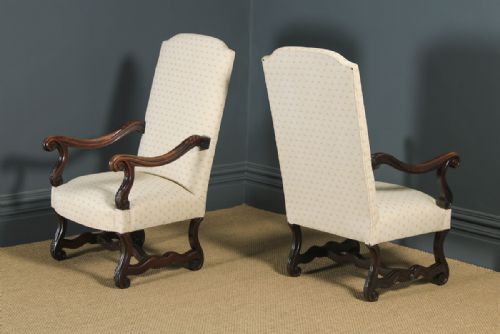 fig 1. Antique French Pair of Solid Walnut Fauteuil Upholstered Armchairs (Circa 1880)