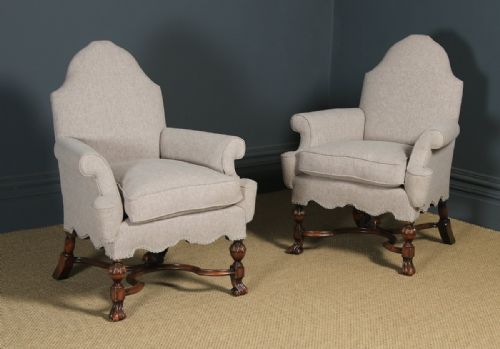 Antique English Pair of Queen Anne Style Grey Upholstered Beech Arm Chairs (Circa 1900)