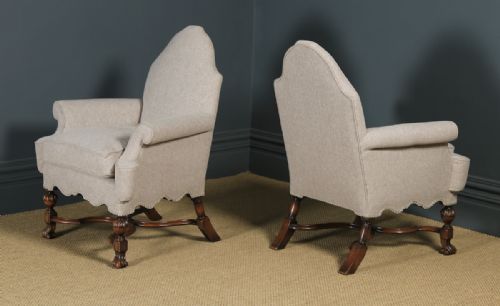 fig 1. Antique English Pair of Queen Anne Style Grey Upholstered Beech Arm Chairs (Circa 1900)