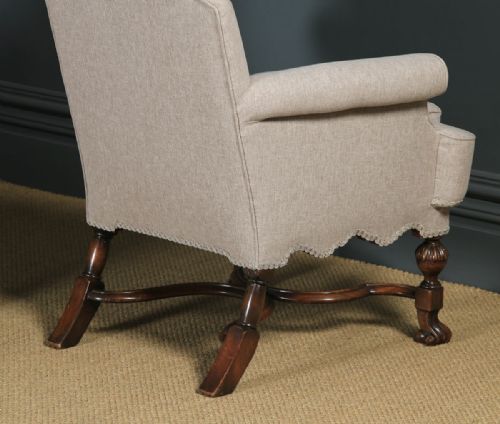fig 5. Antique English Pair of Queen Anne Style Grey Upholstered Beech Arm Chairs (Circa 1900)