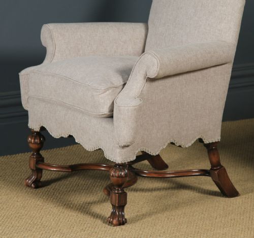 fig 3. Antique English Pair of Queen Anne Style Grey Upholstered Beech Arm Chairs (Circa 1900)