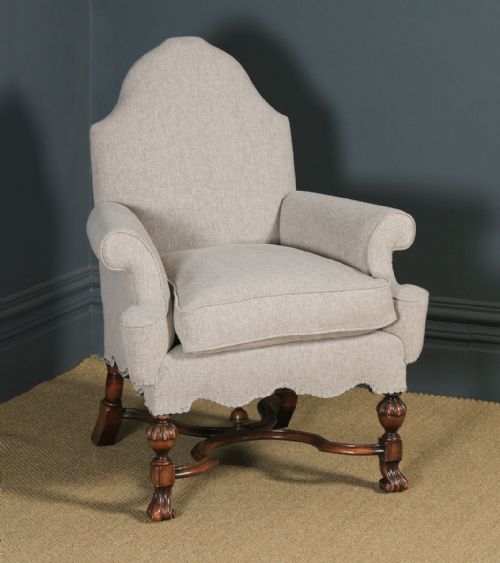 fig 6. Antique English Pair of Queen Anne Style Grey Upholstered Beech Arm Chairs (Circa 1900)