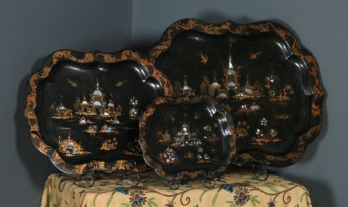 Antique English Set of 3 Three Victorian Ebonised Chinoiserie Papier Mâché Butlers Drinks Trays (Circa 1840)