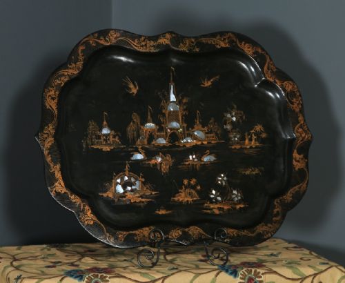 fig 3. Antique English Set of 3 Three Victorian Ebonised Chinoiserie Papier Mâché Butlers Drinks Trays (Circa 1840)