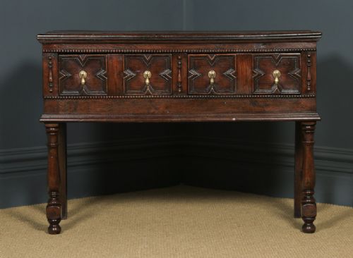 fig 2. Antique English Victorian Jacobean Style Oak Geometric Dresser Base Sideboard (Circa 1880)