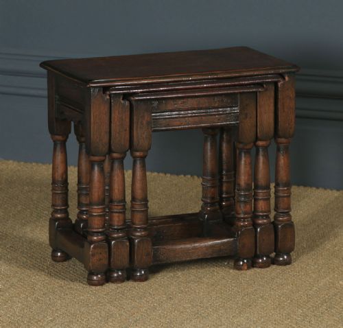 fig 1. Vintage English 18th Century Style Nest of Three 3 Solid Oak Side Tables (Circa 1930)