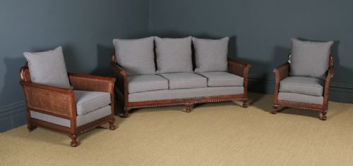 Antique English Edwardian Chippendale Style Three Piece Mahogany & Cane Bergere Couch Settee Sofa Lounge Suite by J. S. Kinsey (Circa 1910)