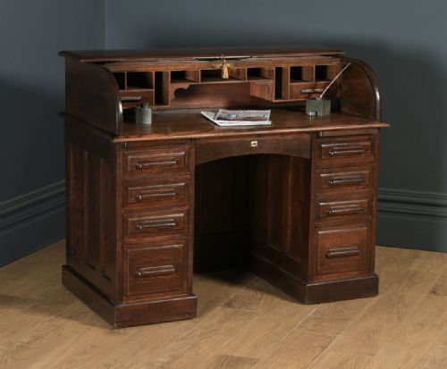 Antique English Edwardian 4ft” Solid Oak Roll Top Pedestal Office Desk (Circa 1910)