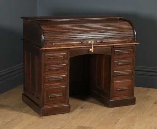 fig 1. Antique English Edwardian 4ft” Solid Oak Roll Top Pedestal Office Desk (Circa 1910)