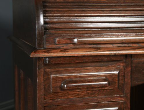 fig 2. Antique English Edwardian 4ft” Solid Oak Roll Top Pedestal Office Desk (Circa 1910)