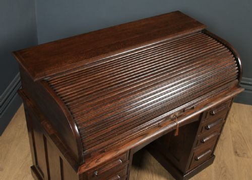 fig 3. Antique English Edwardian 4ft” Solid Oak Roll Top Pedestal Office Desk (Circa 1910)