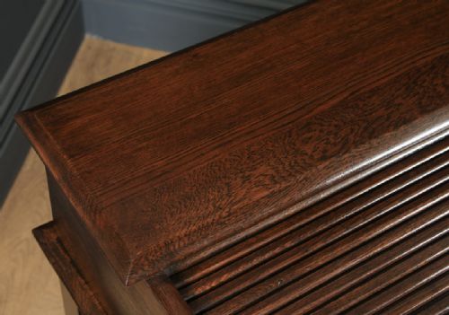 fig 4. Antique English Edwardian 4ft” Solid Oak Roll Top Pedestal Office Desk (Circa 1910)